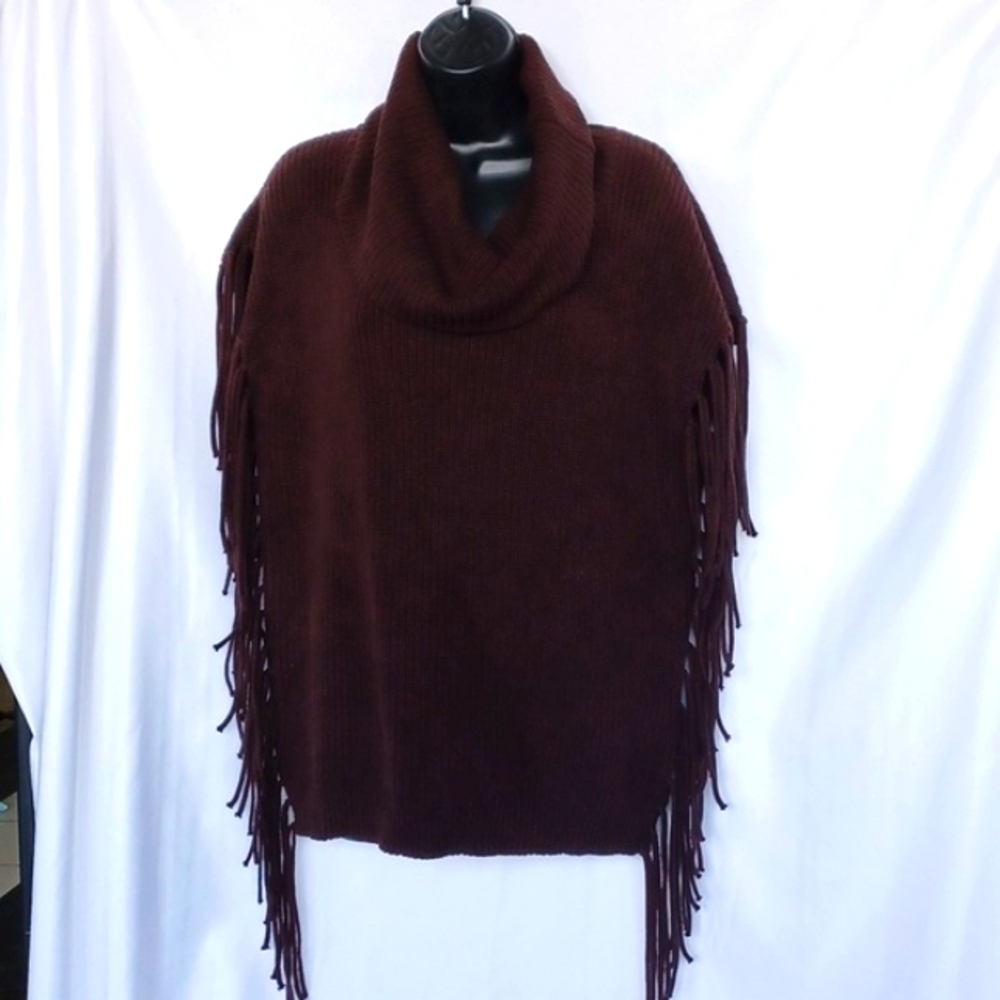 Acrobat - Cowl Neck Fringe Poncho Sweater, Brown